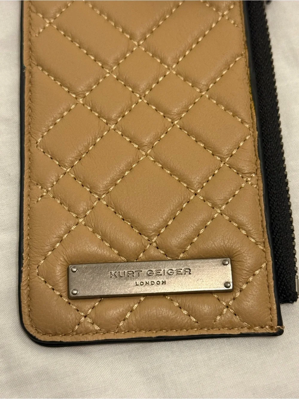 NWT Kurt Geiger Quilted Leather Card Wallet with Strap - Camel Tan